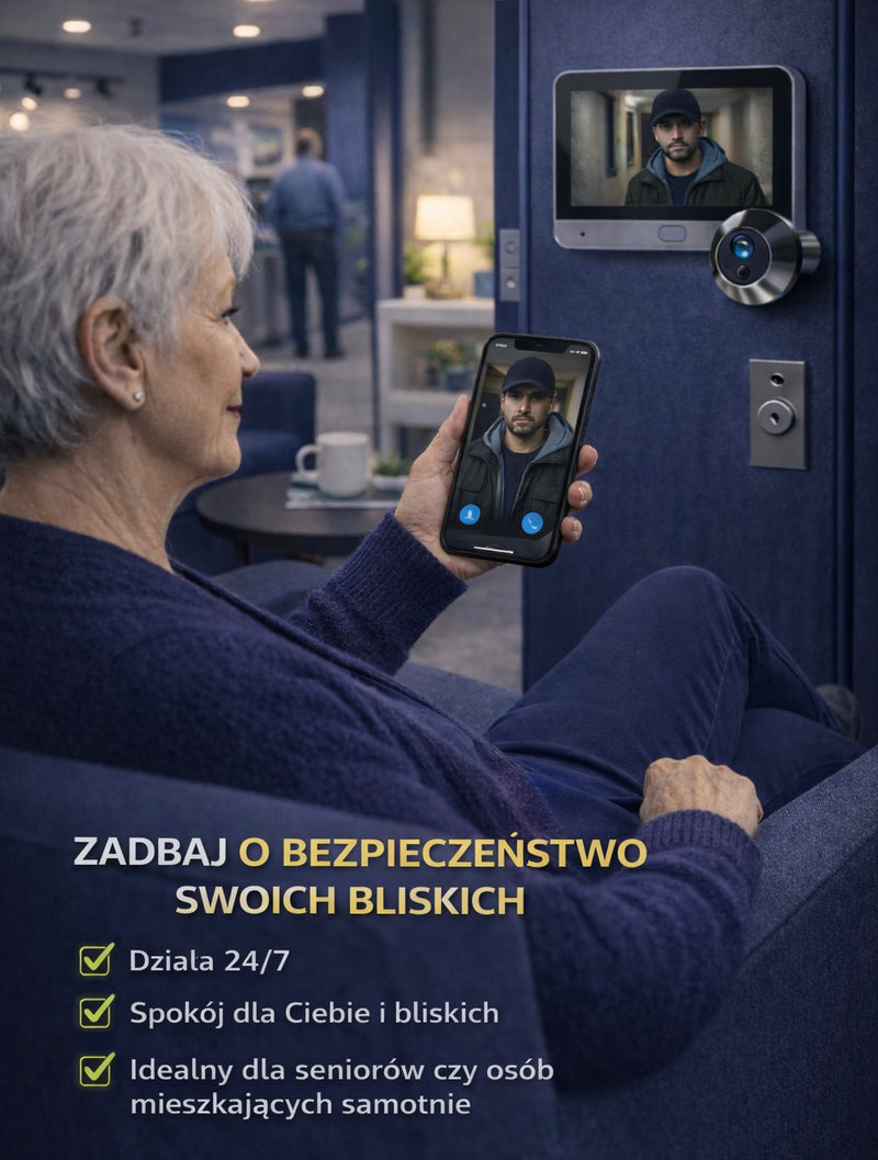 Seniorka sprawdza w telefonie, kto stoi pod drzwiami